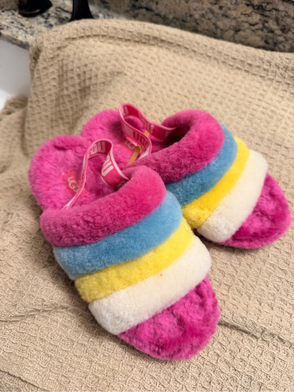 UGG Multicolor Plush Rainbow Shearling Slide Slippers - Pink Blue Yellow Cream
